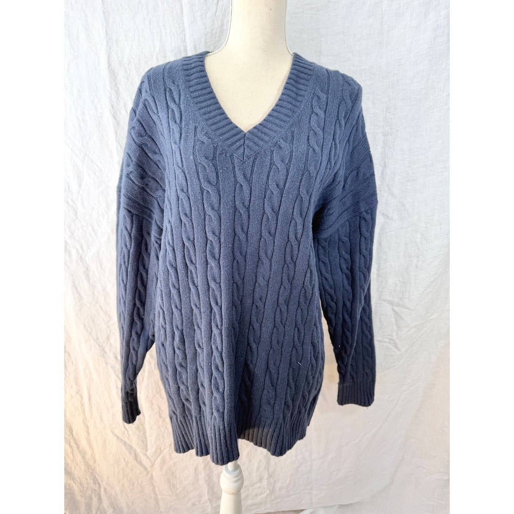 Sunday Best Sweater Womens Blue Merino Wool Cotton Cable Knit V-Neck Large